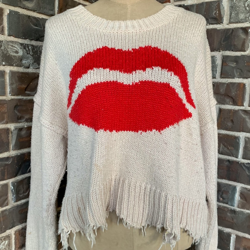 Wildfox Luna Sweater First Kiss Knit Natural Red Lips Distressed - Small